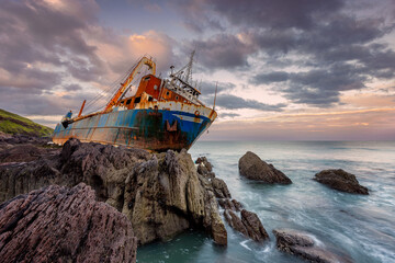 Cork, Ireland, jun 16, 2021 MV Alta Ghost Ship The MV Alta, which washed up on the Southeast coast of Ireland in County Cork, on the 16th of February 2020 Ballycotton by Storm Dennis - Ireland - obrazy, fototapety, plakaty