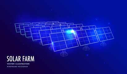 Technology solar farm - Illustration of lots of solar panels in wireframe holographic style on blue background. Green energy science concept. Vector.