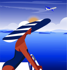 Digital illustration background blue landscape mountains and flying plane over the sea girl model in a big fashionable hat and swimsuit resting in summer on vacation