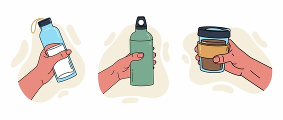 Reusable container for liquids. Various poses of hands holding a bottle, tumbler, sports water bottle. Use your own bottle. Outline color vector illustration.