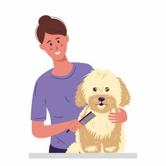 A young woman is combing a little dog with long fur. Taking care of grooming for pets. Vector illustration in flat style.