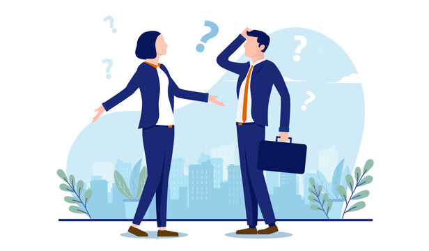Business confusion - Two businesspeople, man and woman with question marks feeling confused. Vector illustration with white background.