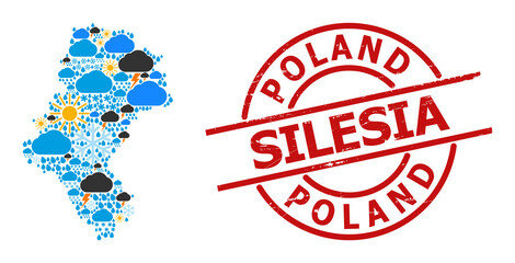 Weather mosaic map of Silesia Province, and textured red round stamp seal. Geographic vector concept map of Silesia Province is created with random rain, cloud, sun, thunderstorm icons.