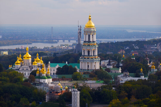 View from the height of the Pechersk Lavra. Panorama of the historical part of the city of Kiev