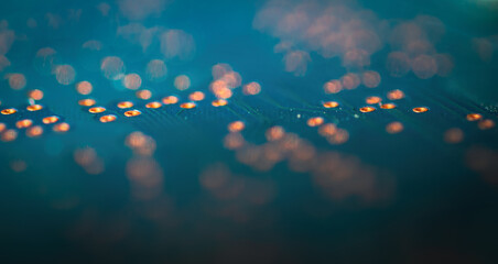 Highly stylized illustration of futuristic cicuits with out of focus highlights and negative space for copy