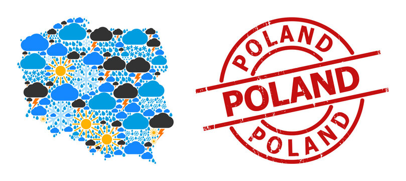 Fototapeta Climate pattern map of Poland, and scratched red round stamp. Geographic vector concept map of Poland is done with random rain, cloud, sun, thunderstorm symbols.