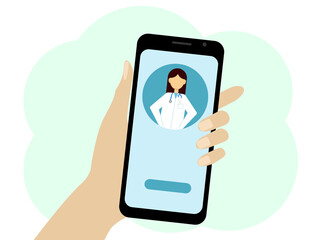 Illustration of a hand with a telephone. Online application with a doctor on the phone