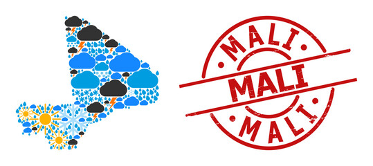Climate mosaic map of Mali, and rubber red round stamp seal. Geographic vector concept map of Mali is designed from randomized rain, cloud, sun, thunderstorm symbols.