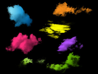 Realistic textured clouds of various colors and forms bright colors on black background