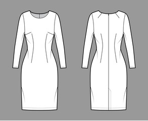 Dress sheath technical fashion illustration with long sleeves, fitted body, knee length pencil skirt. Flat apparel front, back, white color style. Women, men unisex CAD mockup