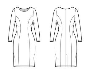 Dress princess line technical fashion illustration with long sleeve, fitted body, knee length pencil skirt. Flat apparel front, back, white color style. Women, men unisex CAD mockup