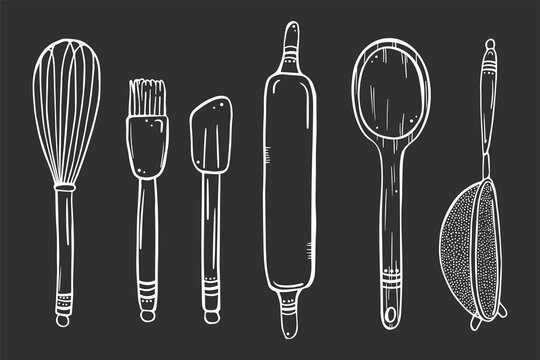 Illustration of cute kitchen objects for cooking are drawn with a white outline.