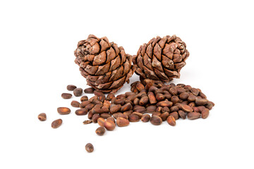 Pine nuts and ripe pine cones on a white background