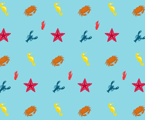 Cute seamless vector pattern with marine animals and plants, starfish,
crab, lobster, seahorse. Hello Summer collection. 