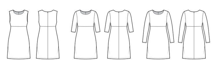 Set of Dresses empire line technical fashion illustration with long elbow sleeves sleeveless, oversized body, knee length A-line skirt. Flat apparel front, back, white color style. Women, CAD mockup