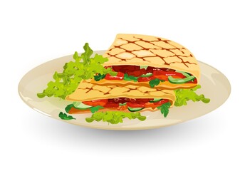 Cartoon of grilled pita bread with fresh lettuce, tomato, sauce, cucumber and meat. Vector cafe order, dish presentation, fast food. Idea of mexican national cuisine, eating, lunch isolated on white