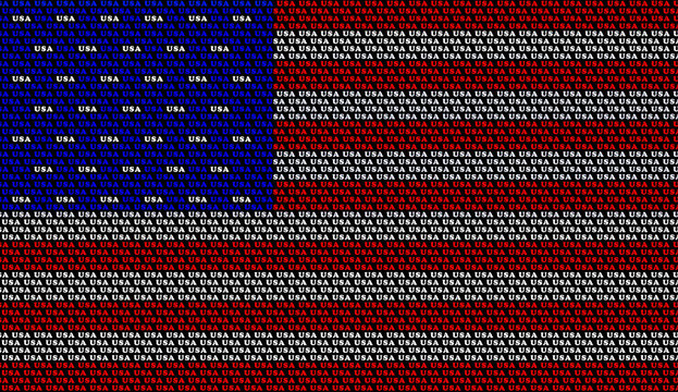 The flag of America is made from the many words "USA". Patriotic background.