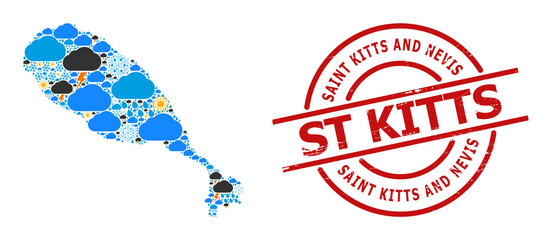 Climate mosaic map of St Kitts Island, and scratched red round stamp seal. Geographic vector concept map of St Kitts Island is designed with random rain, cloud, sun, thunderstorm elements.