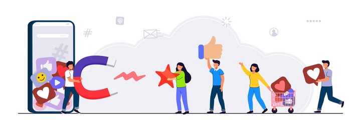 Blogger collects likes Vector illustration flat style with characters Influencer marketing Blogger promotion services and goods for his followers online Blogging and social media networking concept