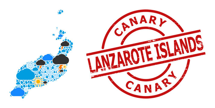 Weather mosaic map of Lanzarote Islands, and distress red round badge. Geographic vector mosaic map of Lanzarote Islands is designed from random rain, cloud, sun, thunderstorm.