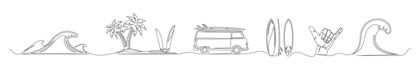 Foto op Plexiglas Set continu één lijntekening van een surfen thema. Een lijn van golven, palmbomen, surfplanken, camper, strand geïsoleerd op een witte achtergrond. Surfconcept. vector illustratie © MegaShabanov