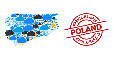 Naklejka premium Climate mosaic map of Warmia-Masuria Province, and textured red round seal. Geographic vector mosaic map of Warmia-Masuria Province is composed from randomized rain, cloud, sun, thunderstorm elements.