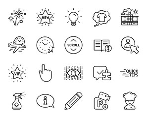 Vector set of User, Education and Light bulb line icons set. Hand click, Artificial intelligence and Flight time icons. Vip star, New star and Cooking chef signs. User web symbol. Vector