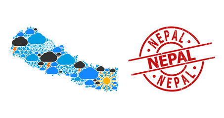 Weather pattern map of Nepal, and scratched red round badge. Geographic vector concept map of Nepal is done from scattered rain, cloud, sun, thunderstorm symbols.