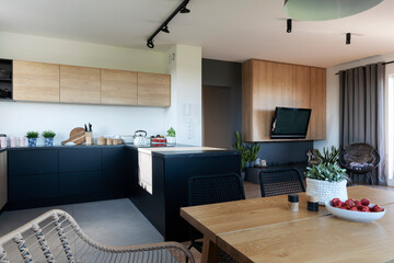 Modern kitchen with living room with wooden furniture and cabinets. Spacious interior in contemporary style. Cozy and new room in scandinavian design.