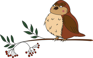 Fototapeta premium Vector illustration of a bird in with leaves and rowan isolated