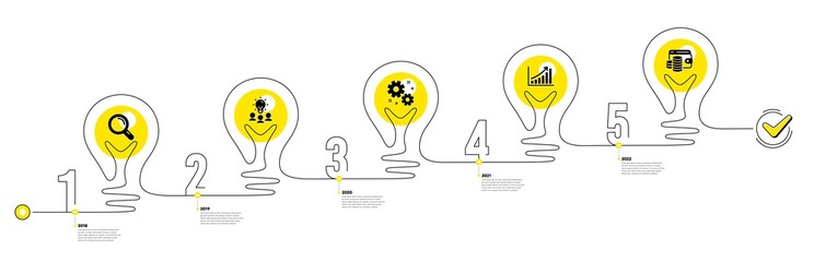 Lightbulb journey path infographics. Business Infographic timeline with 5 steps. Workflow process diagram with Research, Working idea, Data Analysis and Money reward icons. Vector