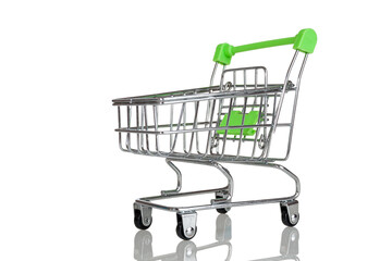 Supermarket shopping cart, miniature model, isolated on white background