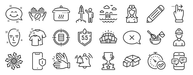 Set of Business icons, such as Packing boxes, Clean t-shirt, Arena stadium icons. Touchscreen gesture, Smartphone protection, Winner cup signs. Pencil, Foreman, Reject. Smile chat, Coffee. Vector