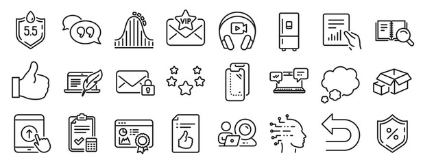 Set of Technology icons, such as Roller coaster, Vip mail, Swipe up icons. Loan percent, Document, Packing boxes signs. Ph neutral, Accounting checklist, Like. Undo, Quote bubble, Stars. Vector