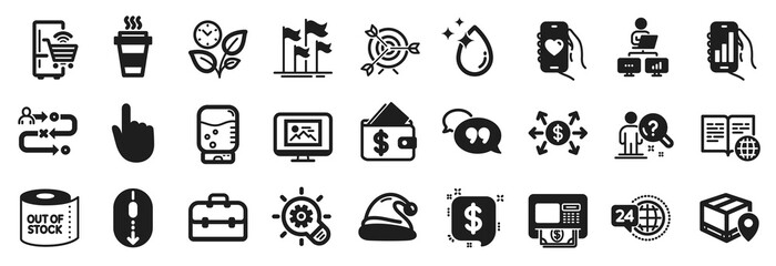 Set of Business icons, such as Dating app, Cogwheel, Internet book icons. Dollar exchange, Journey path, Water cooler signs. Takeaway, Atm, 24h service. Flags, Toilet paper, Portfolio. Vector