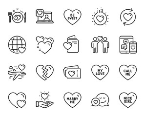 Vector set of Heart, Marry me and Nice girl line icons set. My love, Love and Romantic dinner icons. Hearts, Friends chat and Hold heart signs. Dating, Friends couple and Be sweet. Vector