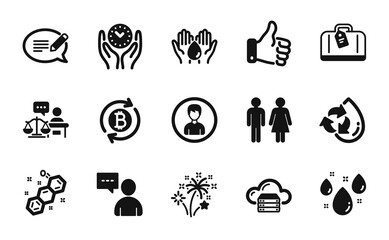 Vector set of Hand baggage, Refresh bitcoin and Person icons simple set. Message, Users chat and Safe time icons. Court judge, Like hand and Fireworks signs. Hand baggage simple web symbol. Vector