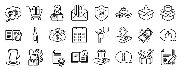 Fototapeta na wymiar Set of line icons, such as Copywriting, Check investment, Credit card icons. Parcel shipping, Champagne, Calendar signs. Agent, Sun protection, Drums. Loyalty program, Instruction info. Vector