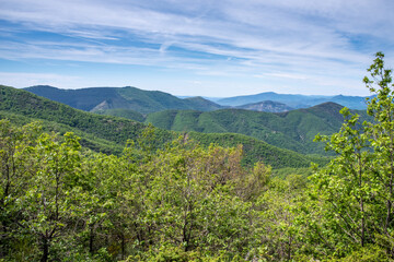 View into the landscape of the southern French Cevennes, hilly landscape