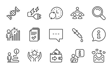 Education icons set. Included icon as Electricity plug, Handout, Search signs. Interview job, Ranking, Love mail symbols. Update time, Wallet, Chemistry dna. Business statistics, Blog. Vector