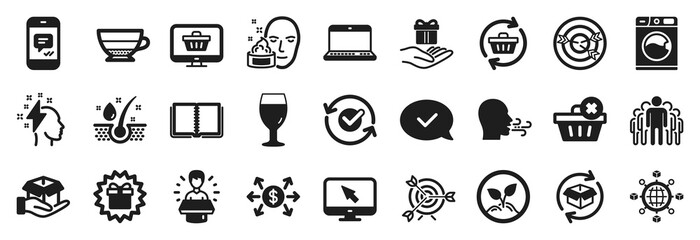 Set of simple icons, such as Return parcel, Approved message, Refresh cart icons. Hold box, Internet, Target signs. Approved, Breathing exercise, Serum oil. Brand ambassador, Brainstorming. Vector