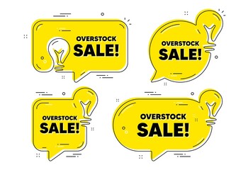 Overstock sale text. Idea yellow chat bubbles. Special offer price sign. Advertising discounts symbol. Overstock sale chat message banners. Idea lightbulb balloons. Vector