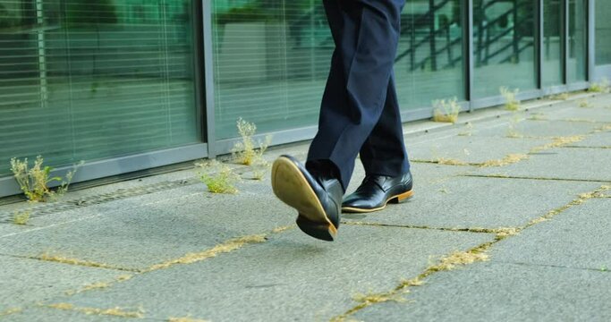 Wooden Soles, Italian Style, Handmade, Classic Suit, Businessman Walking Down the Street, Manager Walking through the Office. Expensive Men Shoes close-up of male feet, 