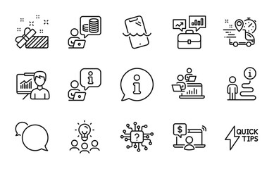 Business icons set. Included icon as Quickstart guide, Express delivery, Budget accounting signs. Teamwork, Smartphone waterproof, Online shopping symbols. Presentation, Business portfolio. Vector