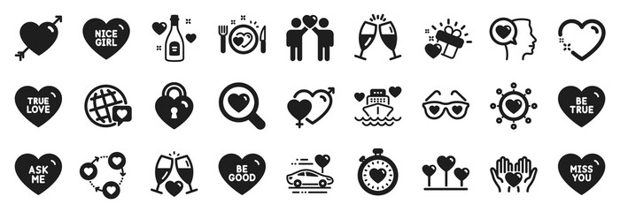 Set of Love icons, such as Love champagne, Heart, Romantic talk icons. Miss you, Be true, Love glasses signs. Wedding glasses, Male female, Heartbeat timer. Romantic dinner, Dating network. Vector