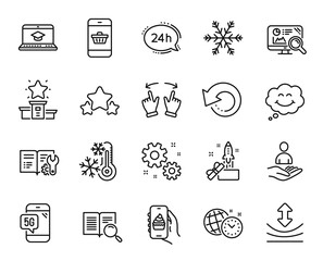 Vector set of Winner podium, Freezing and Work line icons set. Recovery data, Food app and Move gesture icons. 24h service, Resilience and Search text signs. Winner podium web symbol. Vector