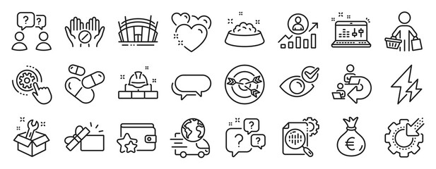 Set of Business icons, such as Check eye, Targeting, Question bubbles icons. Capsule pill, Messenger, Spanner signs. Buyer, Electricity, Arena stadium. Medical tablet, Heart, Seo gear. Vector