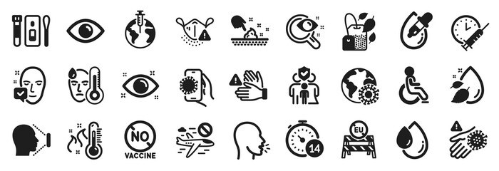 Set of Medical icons, such as Mint bag, Face id, Water drop icons. High thermometer, Medical mask, Pandemic vaccine signs. No vaccine, Vision test, Eye. Cough, Coronavirus, Face accepted. Vector