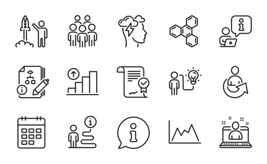 Education icons set. Included icon as Approved agreement, Graph chart, Algorithm signs. Best manager, Calendar, Launch project symbols. Share, Chemical formula, Diagram. Mindfulness stress. Vector