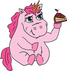 Cartoon pink unicorn holding a plate with piece of cake. Vector